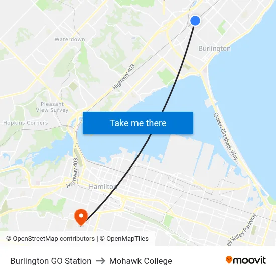 Burlington GO Station to Mohawk College map