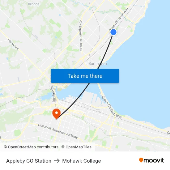 Appleby GO Station to Mohawk College map