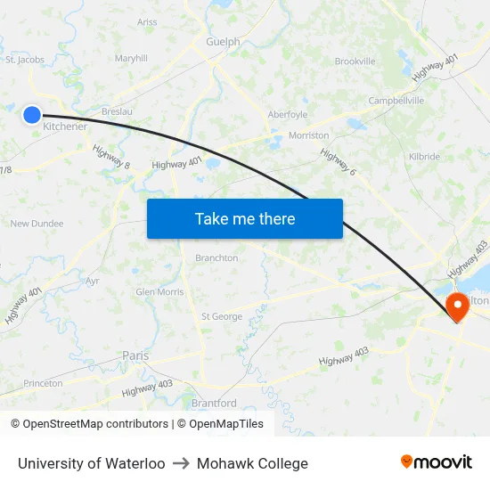 University of Waterloo to Mohawk College map