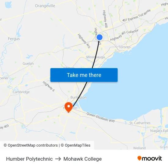Humber Polytechnic to Mohawk College map
