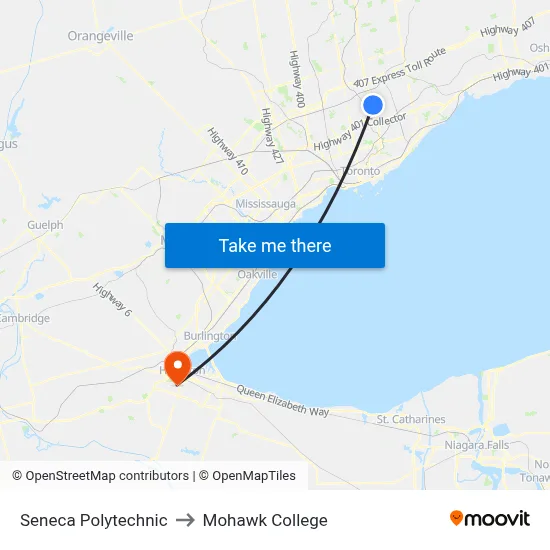 Seneca Polytechnic to Mohawk College map