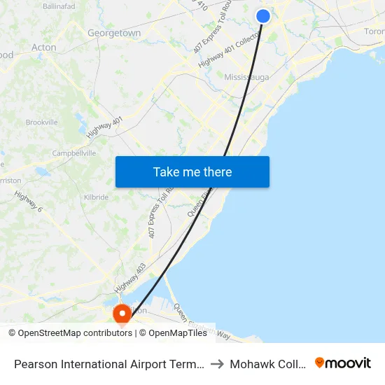 Pearson International Airport Terminal 1 to Mohawk College map