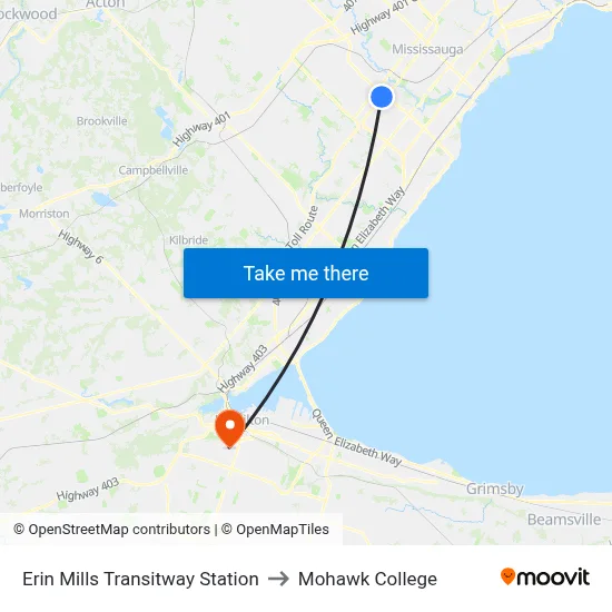 Erin Mills Transitway Station to Mohawk College map