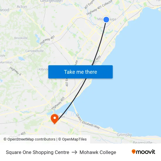 Square One Shopping Centre to Mohawk College map