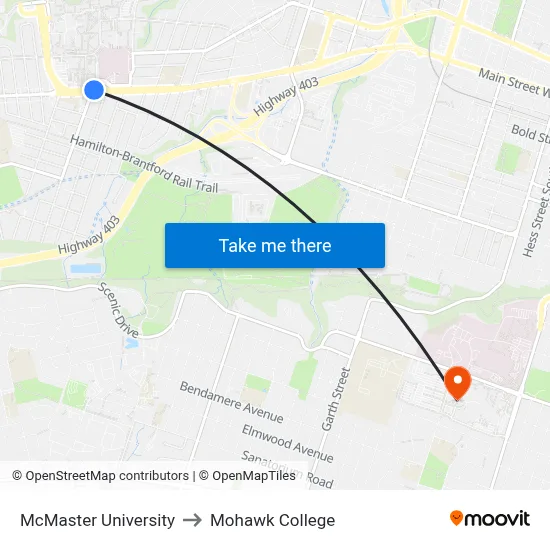 McMaster University, 1280 Main St W to Mohawk College map