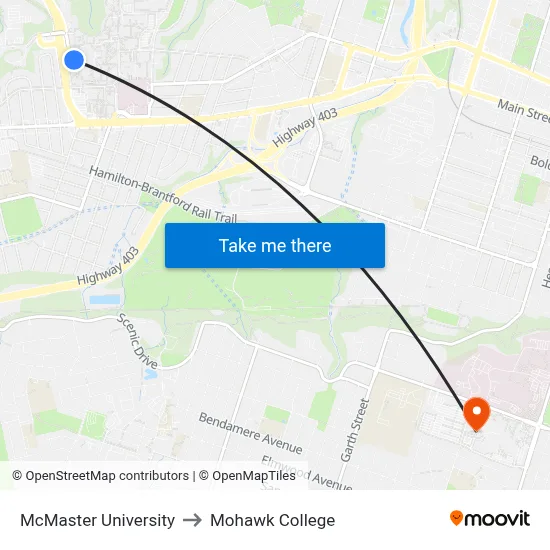 McMaster University to Mohawk College map