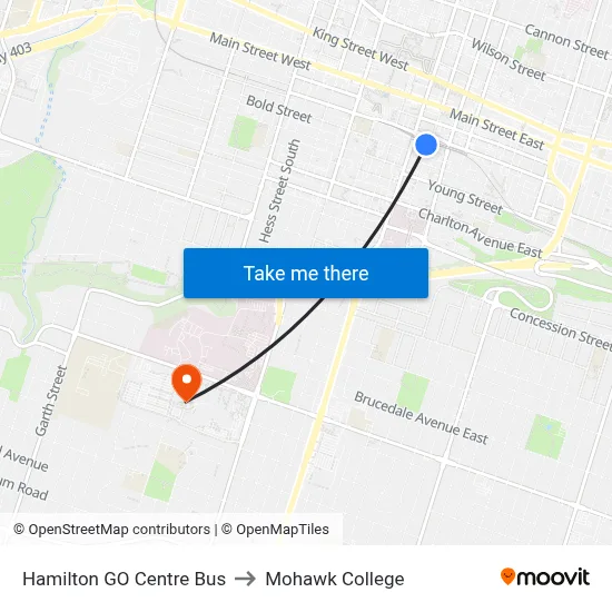 Hamilton GO Centre Bus to Mohawk College map