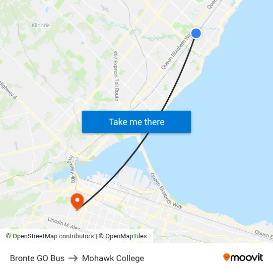 Bronte GO Bus to Mohawk College map