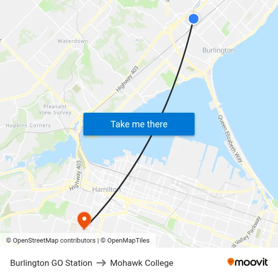 Burlington GO Station to Mohawk College map