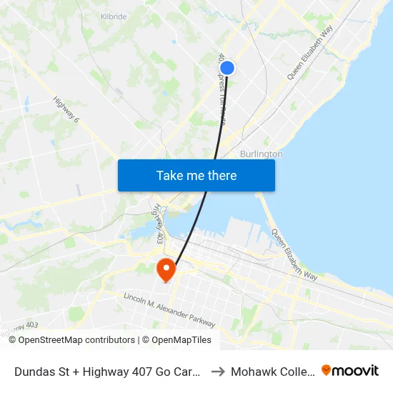 Dundas St + Highway 407 Go Carpool to Mohawk College map