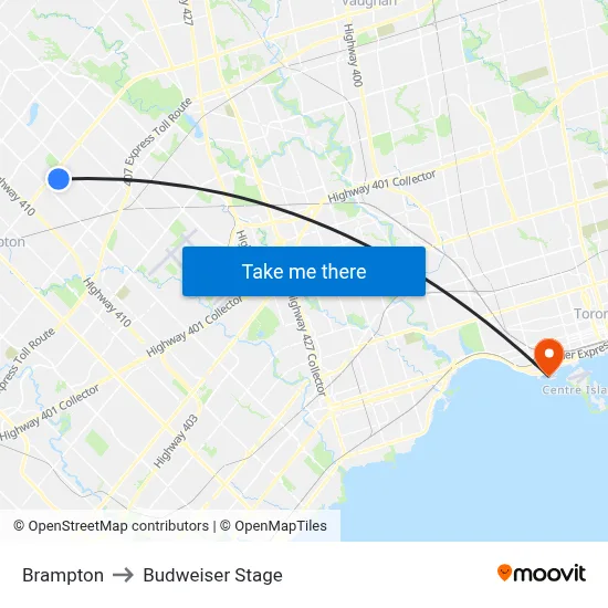 Brampton to Budweiser Stage map