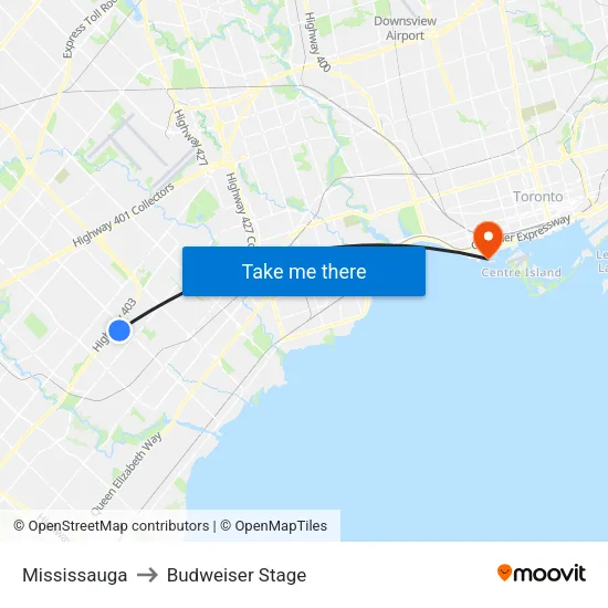 Mississauga to Budweiser Stage map