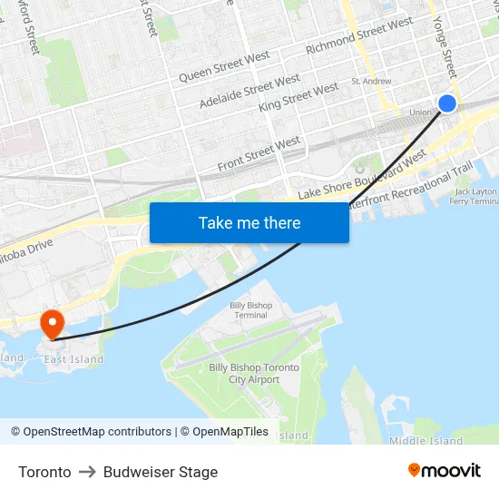 Toronto to Budweiser Stage map