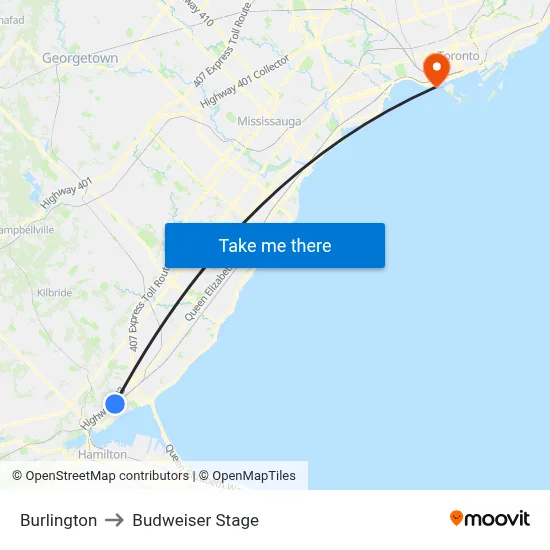 Burlington to Budweiser Stage map