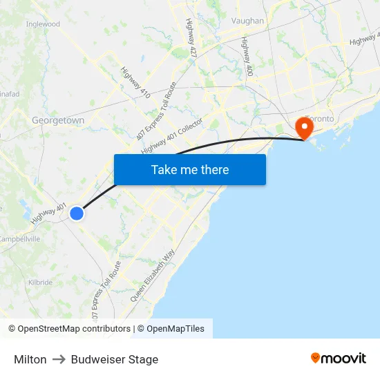 Milton to Budweiser Stage map