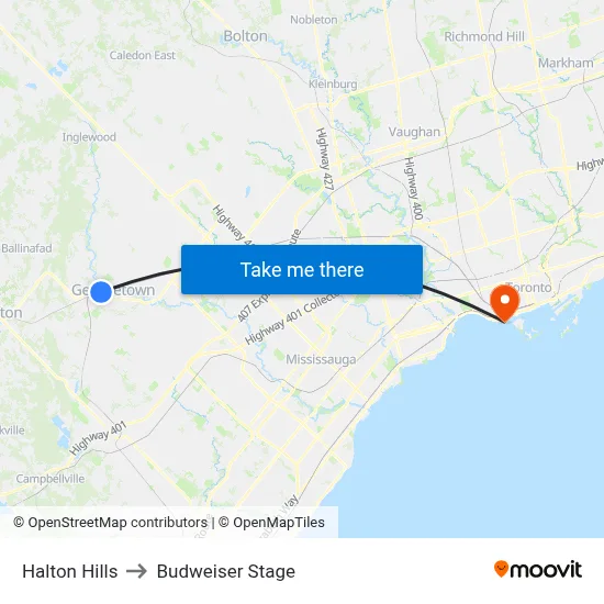 Halton Hills to Budweiser Stage map