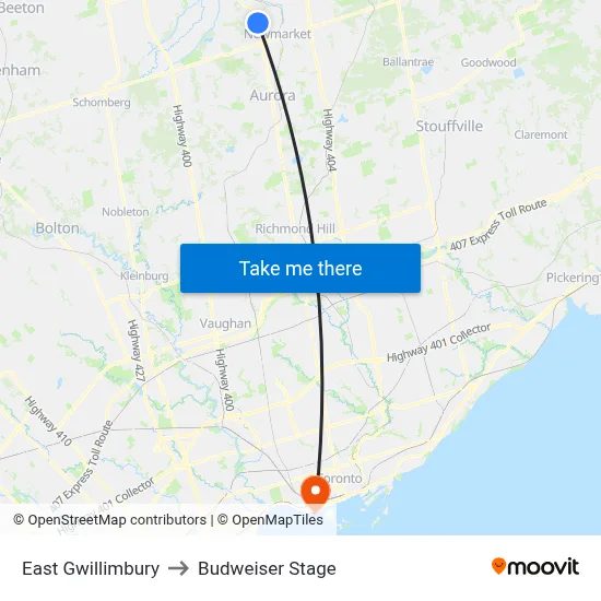 East Gwillimbury to Budweiser Stage map