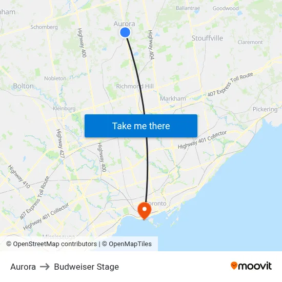 Aurora to Budweiser Stage map