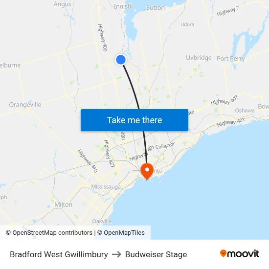 Bradford West Gwillimbury to Budweiser Stage map