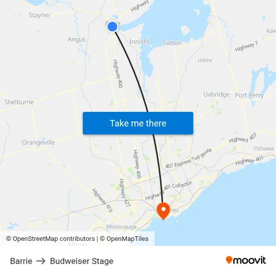 Barrie to Budweiser Stage map