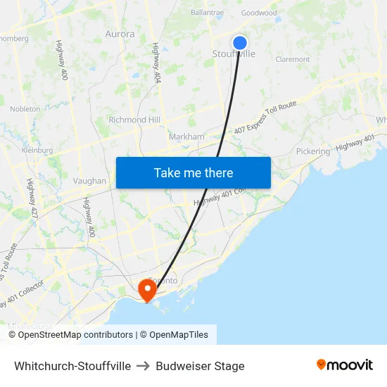 Whitchurch-Stouffville to Budweiser Stage map