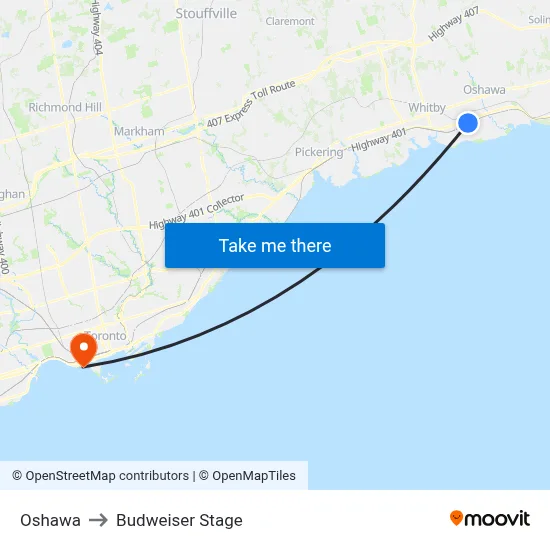 Oshawa to Budweiser Stage map