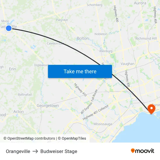 Orangeville to Budweiser Stage map