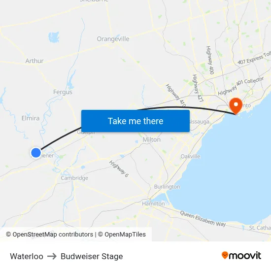 Waterloo to Budweiser Stage map