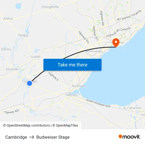 Cambridge to Budweiser Stage map