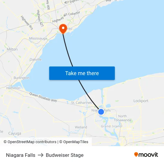 Niagara Falls to Budweiser Stage map