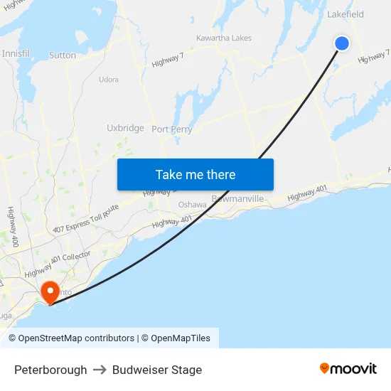 Peterborough to Budweiser Stage map
