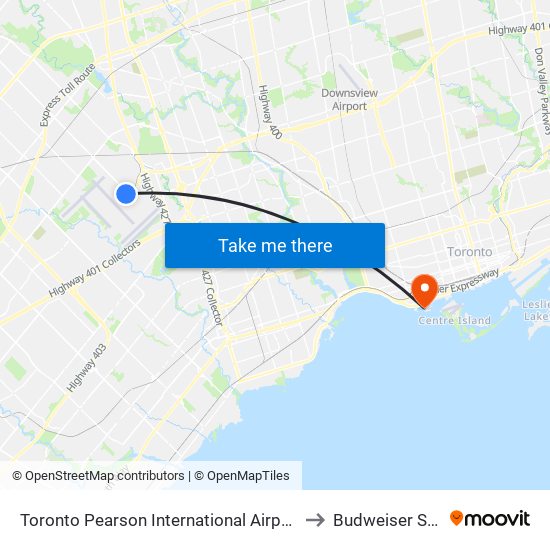 Toronto Pearson International Airport (Yyz) to Budweiser Stage map