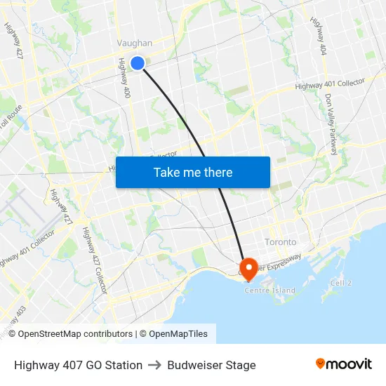 Highway 407 GO Station to Budweiser Stage map