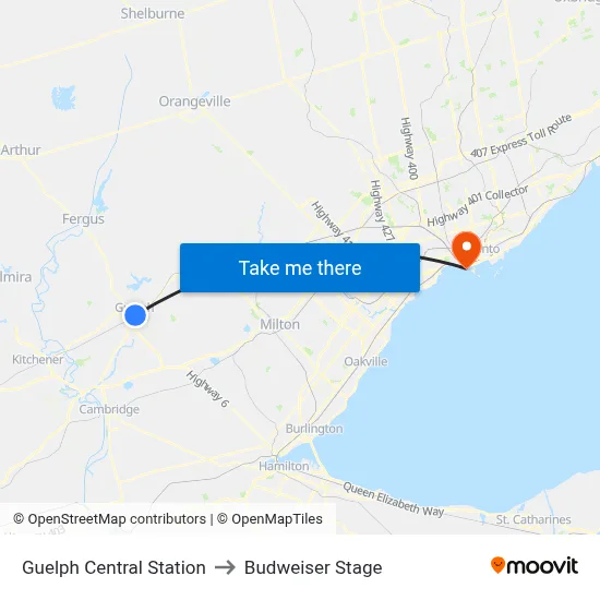 Guelph Central Station to Budweiser Stage map
