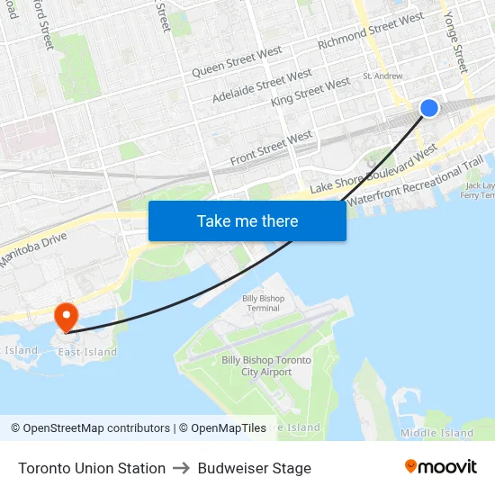 Toronto Union Station to Budweiser Stage map