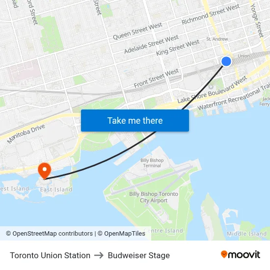 Toronto Union Station to Budweiser Stage map