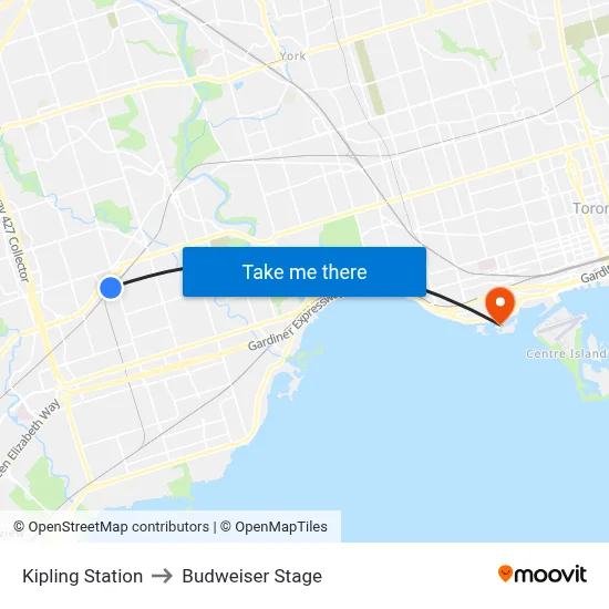 Kipling Station to Budweiser Stage map