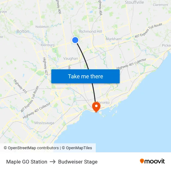 Maple GO Station to Budweiser Stage map