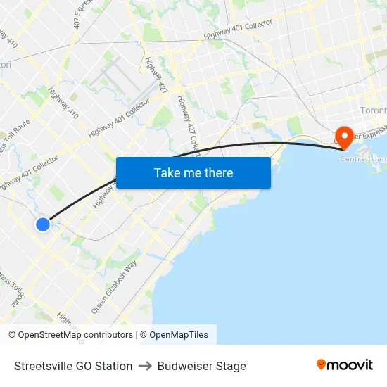 Streetsville GO Station to Budweiser Stage map