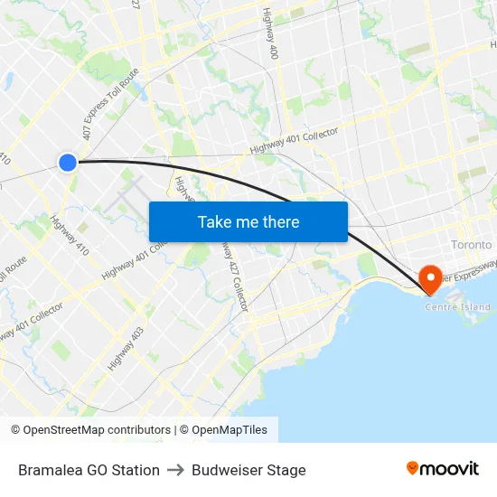 Bramalea GO Station to Budweiser Stage map