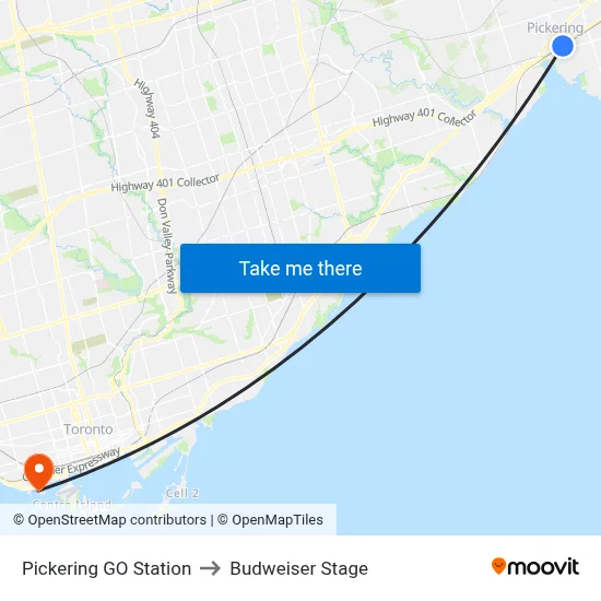 Pickering GO Station to Budweiser Stage map