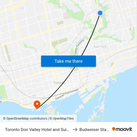 Toronto Don Valley Hotel and Suites to Budweiser Stage map