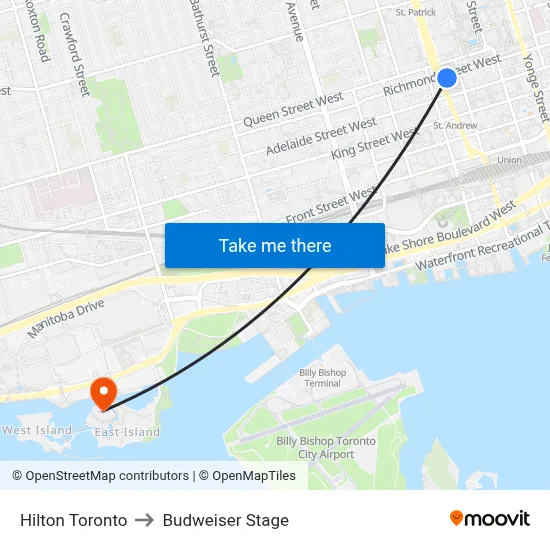 Hilton Toronto to Budweiser Stage map