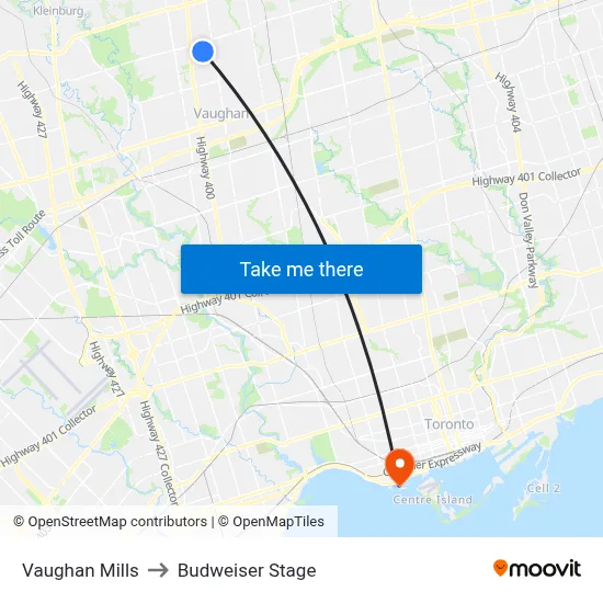 Vaughan Mills to Budweiser Stage map