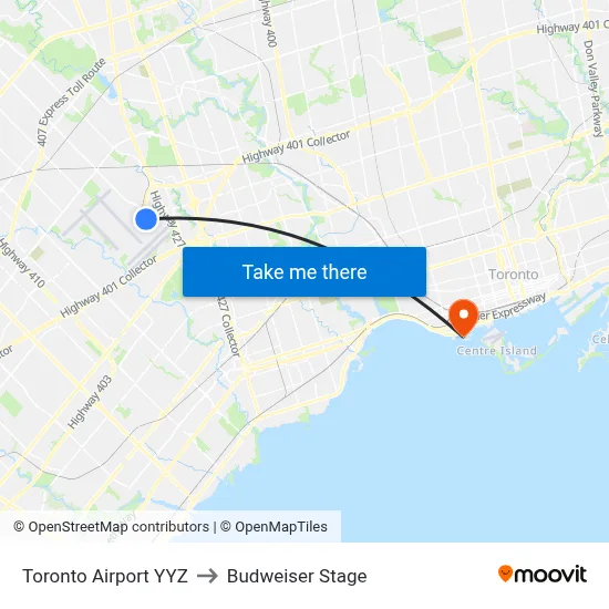 Toronto Airport YYZ to Budweiser Stage map
