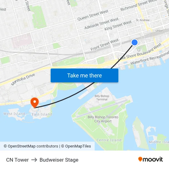 CN Tower to Budweiser Stage map
