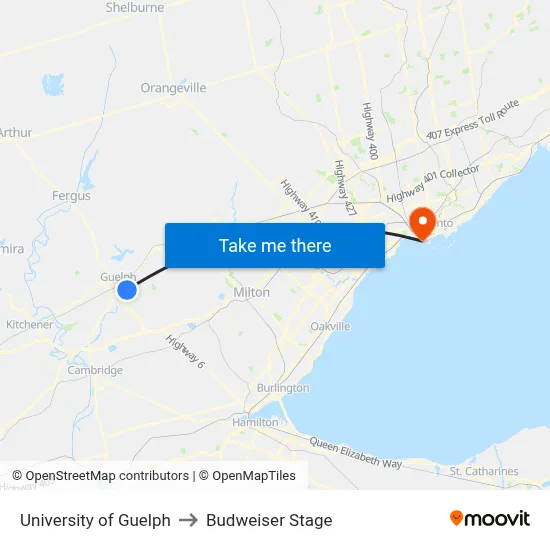 University of Guelph to Budweiser Stage map