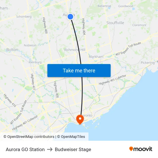 Aurora GO Station to Budweiser Stage map