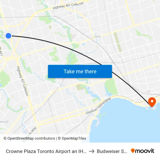 Crowne Plaza Toronto Airport an IHG Hotel to Budweiser Stage map
