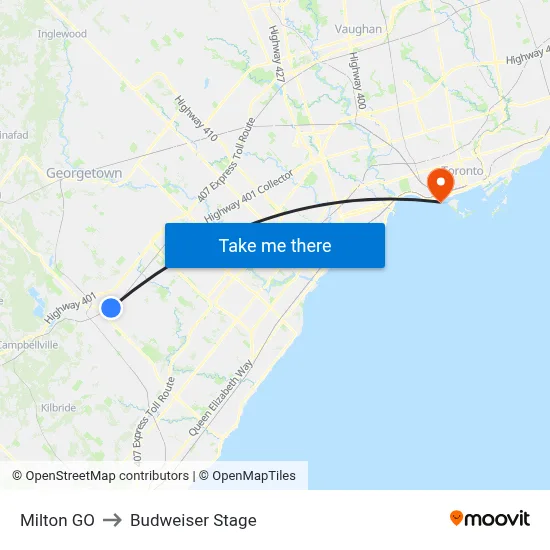 Milton GO to Budweiser Stage map